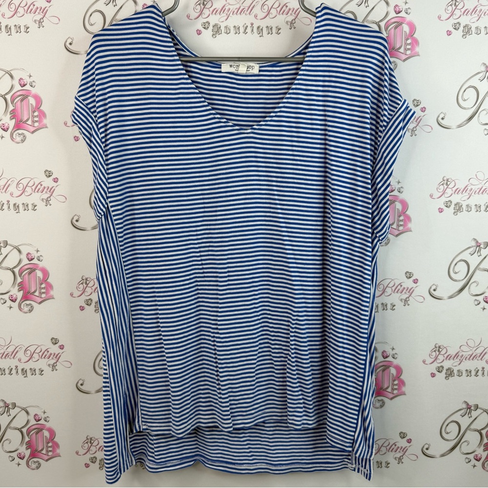 Workshop Republic Clothing T-shirt tee blue white Navy Striped Short Sleeve Top